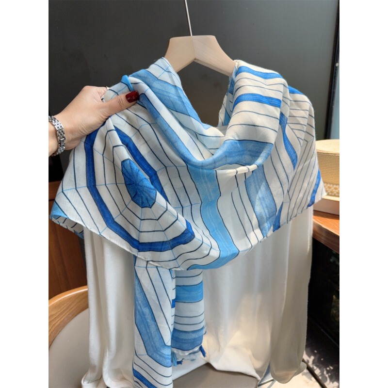 Blue and White Geometric Striped Tassel Silk Scarf for Women, Versatile Sun Protection Shawl for Spring and Summer Outings, Beach Travel Scarf