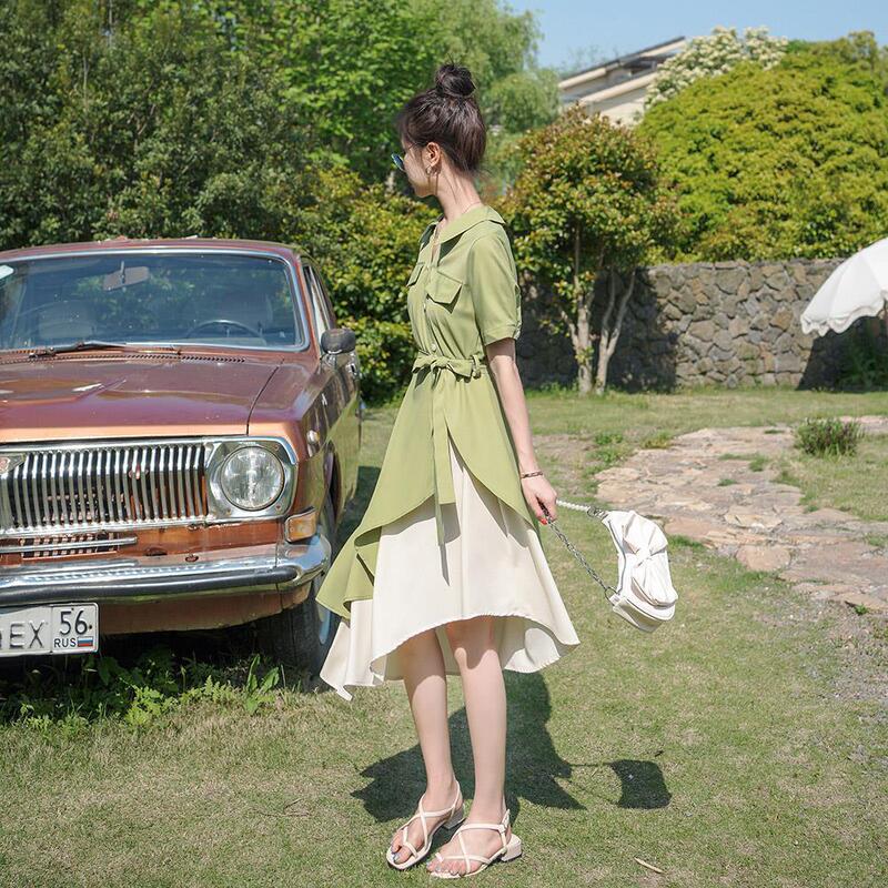Hepburn-Style Mature and Elegant Avocado Green Shirt Dress for Women, Summer High-Waisted French Irregular Skirt