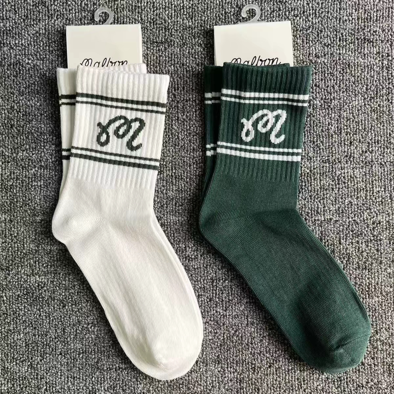 Malbon Golf Socks Trendy Lettered Mid-Calf Socks Unisex Striped Breathable Sweat-Absorbing Sports Casual Short Socks