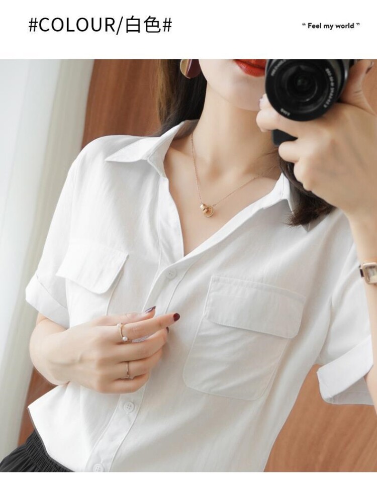 карманный платок 棉短袖衬衫女夏季新款韩版气质polo领宽松百搭v领白衬衣上口袋巾