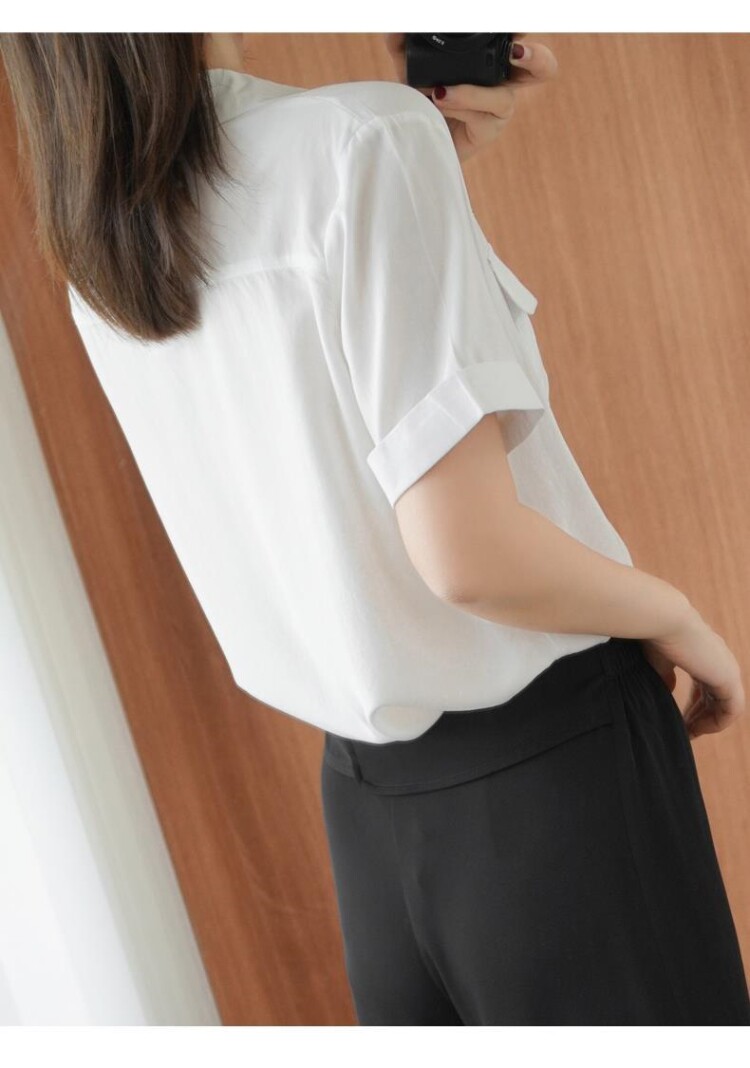 карманный платок 棉短袖衬衫女夏季新款韩版气质polo领宽松百搭v领白衬衣上口袋巾