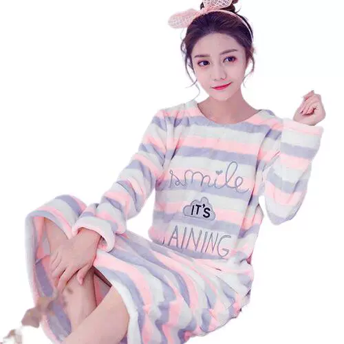 Коралловая бархатная милая длинная утепленная демисезонная фланелевая пижама, большой размер, для среднего возраста