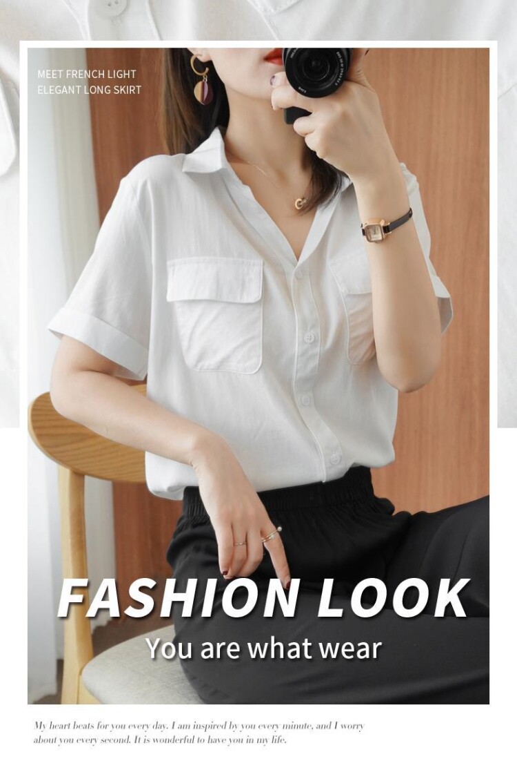 карманный платок 棉短袖衬衫女夏季新款韩版气质polo领宽松百搭v领白衬衣上口袋巾