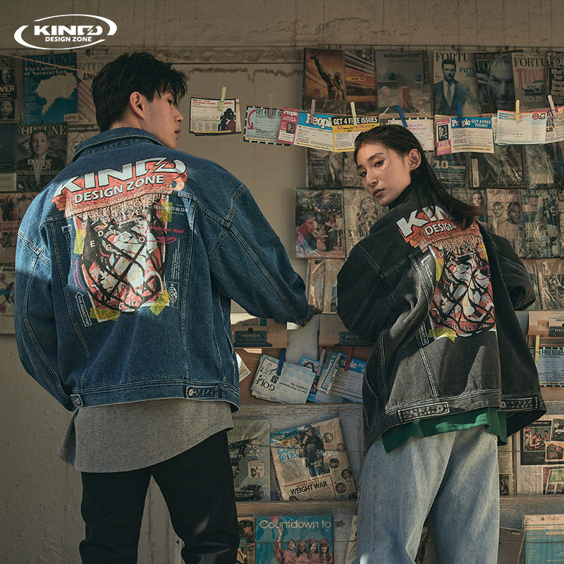 KDZ printed denim jacket boys trendy brand spring and autumn loose large version multi-pocket high street retro tooling jacket