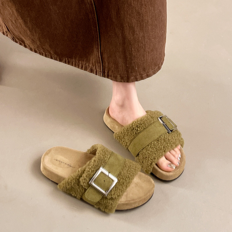 British Genuine Leather Fur Slippers for Women, 2026 New Autumn Style, Slip-On Thick-Soled Birkenstock-Style Slippers