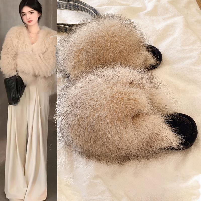 British Flat-Bottomed Fluffy Fur Slippers for Women 2026 New Winter Indoor Home Warm Plush-Lined Closed-Toe Cotton Slippers