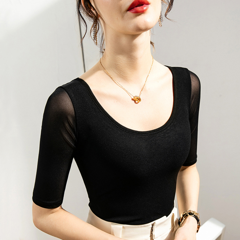 Half-Sleeve Black Mesh Base Shirt for Women, New Summer High-End Sheer T-Shirt, Short-Sleeve Dance Mesh Top