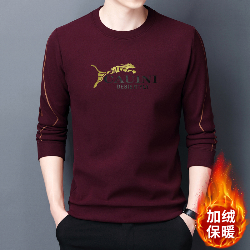 New Winter Thickened Men's Long-Sleeve T-Shirt, Round Neck, Burgundy Sweatshirt, Men's Spring and Autumn Middle-Aged Base Shirt Top