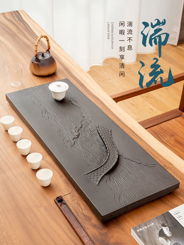 Natural black gold stone tea tray Whole stone household drainage tea table Simple tea tray size number Creative tea sea