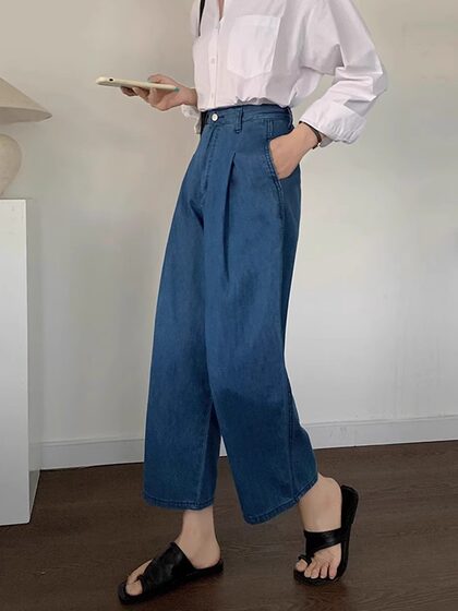 深蓝高腰牛仔裤女薄款夏季香蕉裤宽松显瘦阔腿裤小个子九分哈伦裤