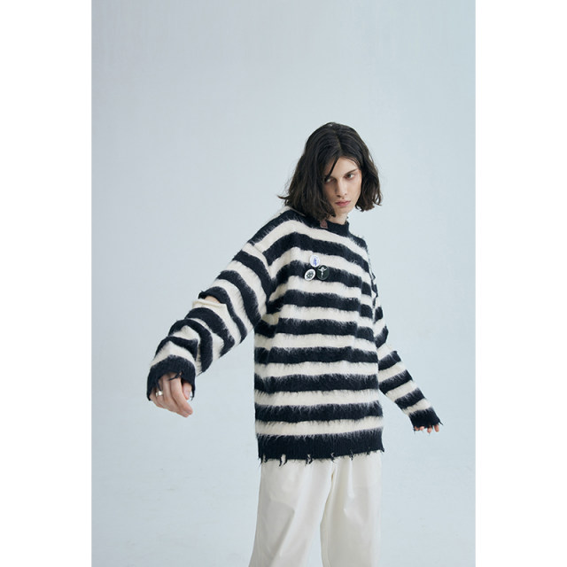 Tide brand original black and white striped sweater men's 2022 autumn and winter couple models oversize lazy wind sweater top women