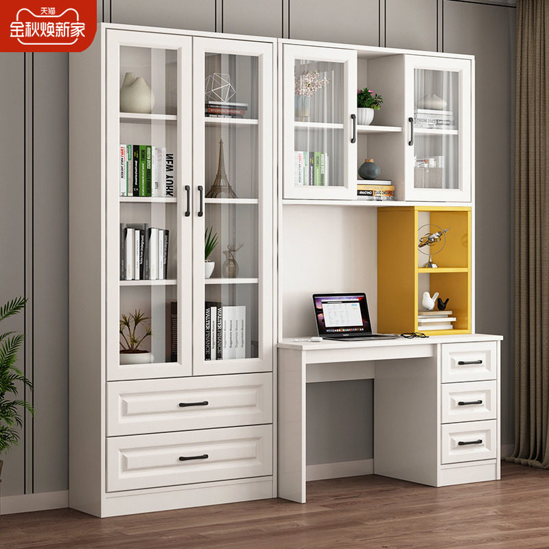 Bookcase computer desk integrated storage cabinet with door solid wood home desk bookshelf combination study study table storage cabinet