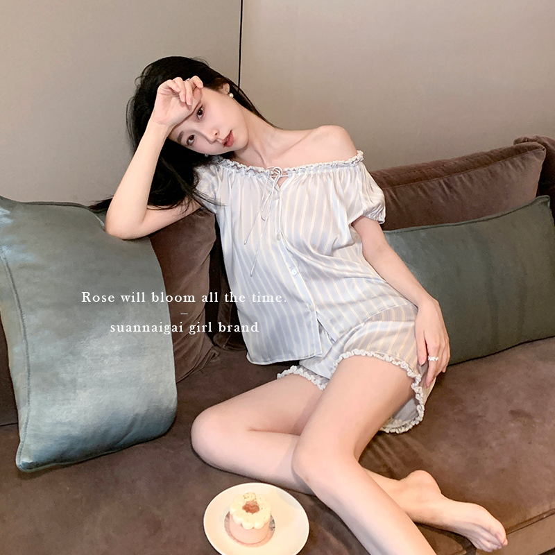 [Coastline] *French-Style Striped Silky Satin Short-Sleeved Shorts Pajama Set, New Style, Can Be Worn Outside as Loungewear