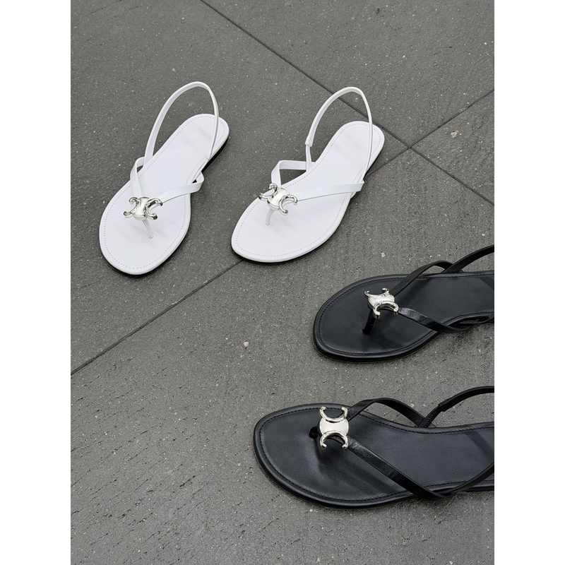 【Baris Lison】Metal Decorative Arc De Triomphe Thong Sandals for Women 26P Vacation Style Flat Flip-Flops