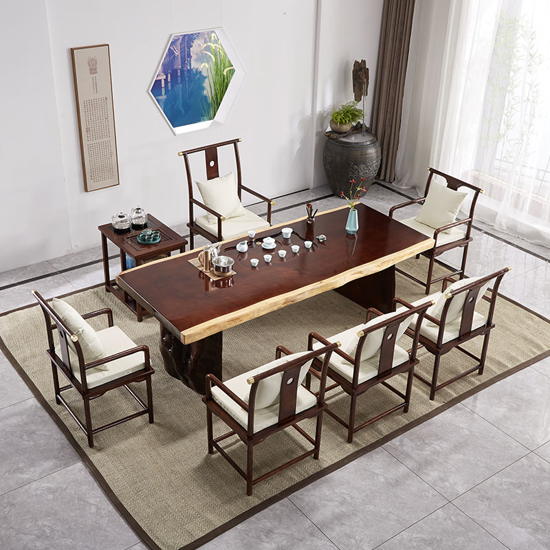 High-end custom solid wood large board tea table and chair combination new Chinese style tea table log Kung Fu tea table tea table modern simple