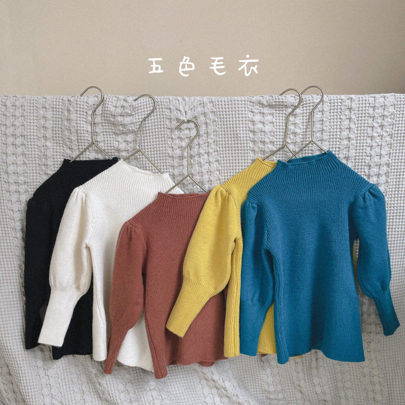 Girls' bottoming sweater autumn and winter Korean version of children's solid color knitted pullover girl treasure puff sleeve turtleneck sweater top