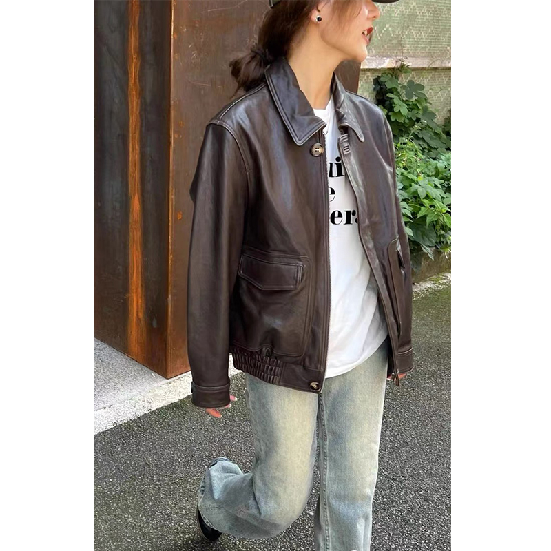 Jaye Vanti Retro Brown Genuine Leather Jacket Women's Niche Sheepskin Bomber Leather Jacket Spring & Fall Style