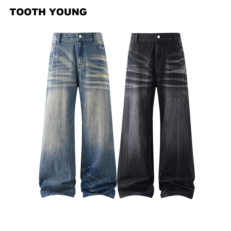 Zheng Yiai Wears Plus-Size Men's Clothing [Dragon Beard Denim] Retro High-Street Washed Jeans Loose Straight-Leg Trousers