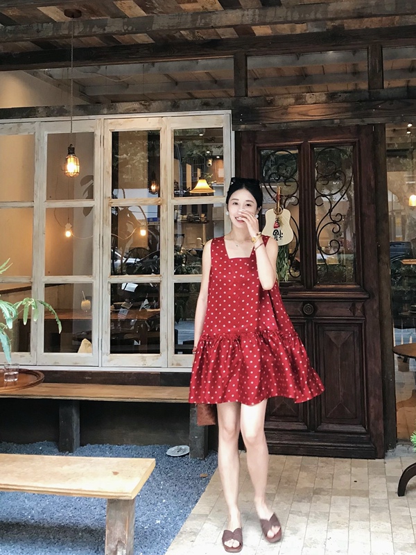【Vintage Red Polka Dot Vest Babydoll Skirt】Summer Sleeveless Dress 100% Mulberry Silk Red Cloud Yarn Floral Pattern