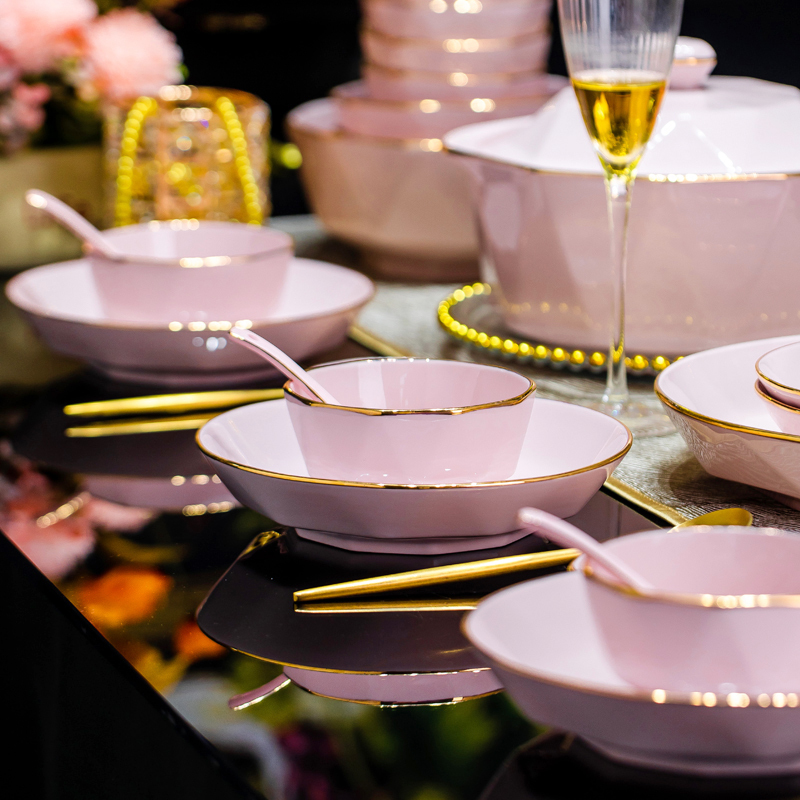 Bowl Set for Home Use 2026 New Model High-Value Bowl and Plate Set Jingdezhen Ceramic Bowls, Plates, and Chopsticks Housewarming Light Luxury Pink Tableware Bowl Set for Home Use 2026 New Model High-Value Bowl and Plate Set Jingdezhen Ceramic Bowls, Plates, and Chopsticks Housewarming Light Luxury Pink Tableware