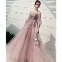 Art Examination Gown Long Sleeve Evening Dress Woman 2020 New banquet Temperament Presiding Toast long Fairy Qi Dream Pink