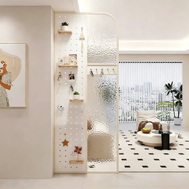 Changhong Glass Perforated Board Screen for Living Room Entrance Foyer, Modern Cream-Style Partition Wall with Storage Shelves Changhong Glass Perforated Board Screen for Living Room Entrance Foyer, Modern Cream-Style Partition Wall with Storage Shelves