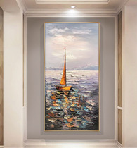 Hand painted entrance background decorative painting Modern simple vertical hanging painting Nordic light luxury sea view oil painting living room mural