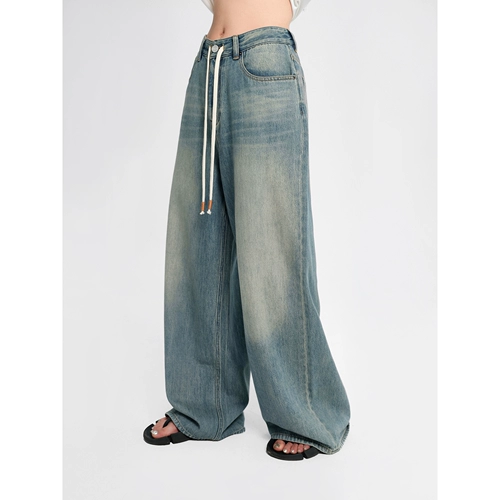 周淼 Ретро прямые свободные джинсы, хлопковые штаны, в американском стиле, на шнурках