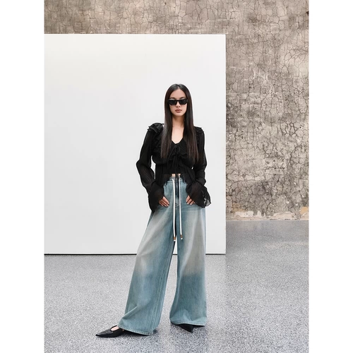 周淼 Ретро прямые свободные джинсы, хлопковые штаны, в американском стиле, на шнурках