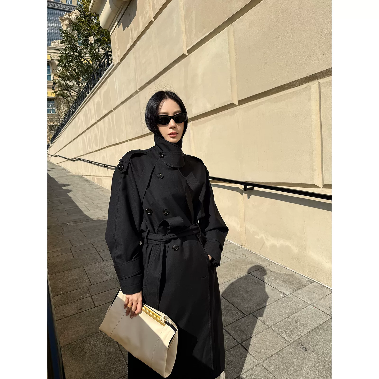 [周淼ZHOUMIAO巴黎旧梦经典风衣女款 双排扣中长款通勤简约外套]