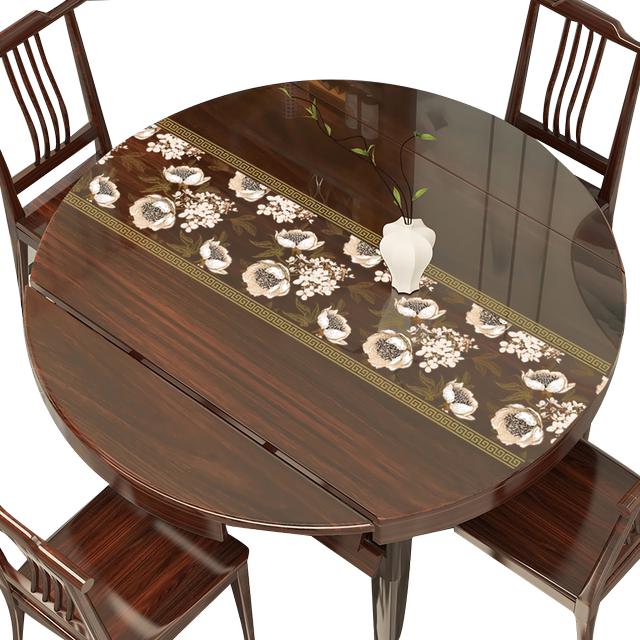 Chinese printed folding oval tablecloth transparent pvc soft glass large round dining table mat oil-proof crystal panel