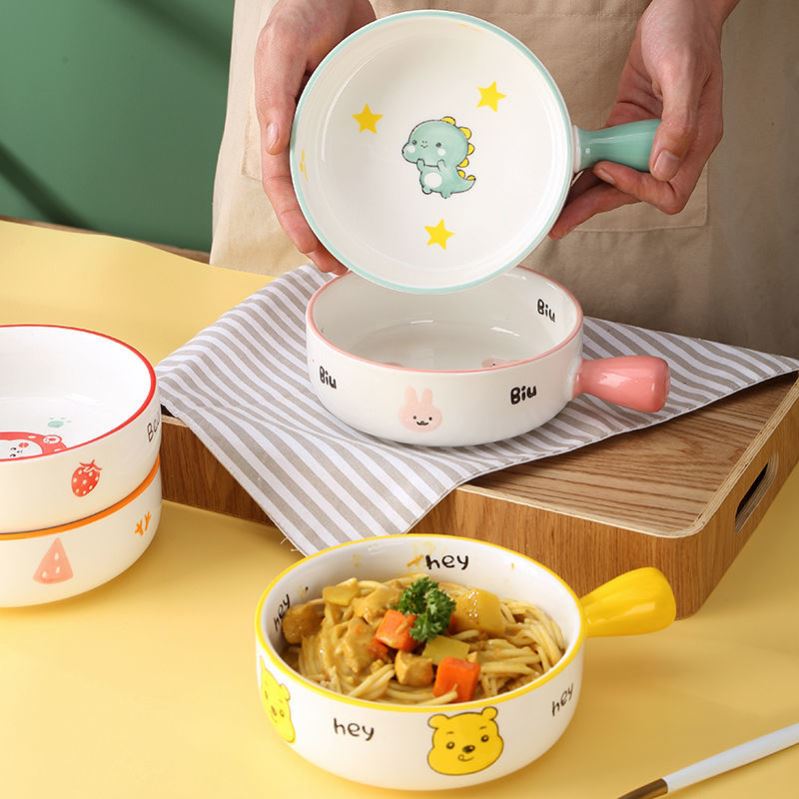 Ceramic Foam Noodles Bowl Single Shank Bowl Cute Cartoon Fruit Salad Home Handle Breakfast Pan Dinner Plate Baking Rice Bowl