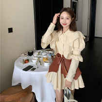 Sandro Moscoloni ruffled long sleeve dress female Korean version of loose lapel fold small skirt