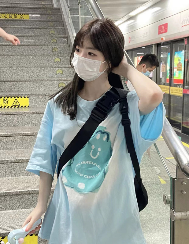 Japanese-Style Baby Blue Cartoon Print Pure Cotton Short-Sleeve T-Shirt for Women, Summer Harajuku Style Versatile Half-Sleeve ins Trendy Top Japanese-Style Baby Blue Cartoon Print Pure Cotton Short-Sleeve T-Shirt for Women, Summer Harajuku Style Versatile Half-Sleeve ins Trendy Top