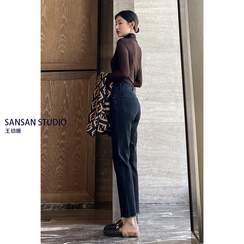 Wang Youshan black straight jeans women's high waist 2022 spring and autumn new style nine points slim cigarette pipe pants casual