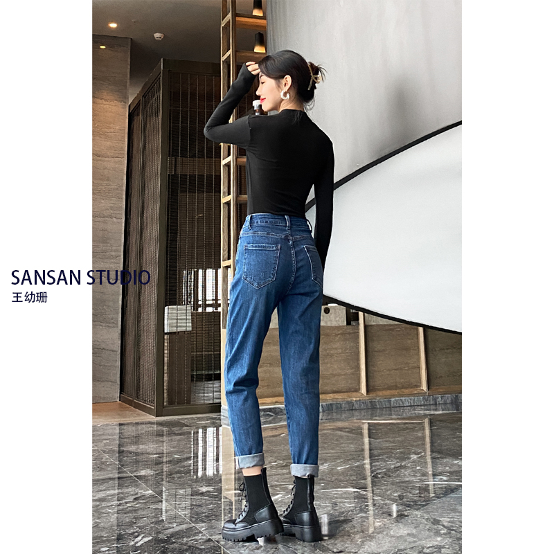 Wang Youshan dark blue jeans women's high waist loose straight 2022 autumn and winter new radish daddy cropped pants