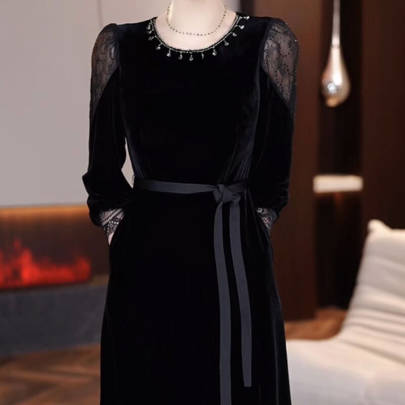 Noble Velvet Elegant Dress for Women 2026 Autumn New Fashion Stylish Mid-Length Slimming Dress Noble Velvet Elegant Dress for Women 2026 Autumn New Fashion Stylish Mid-Length Slimming Dress