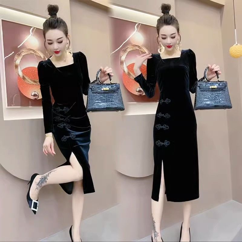 2026 Autumn New Velvet Fashionable Professional Slit Modified Cheongsam Dress High-End Elegant Vintage Long Sleeve