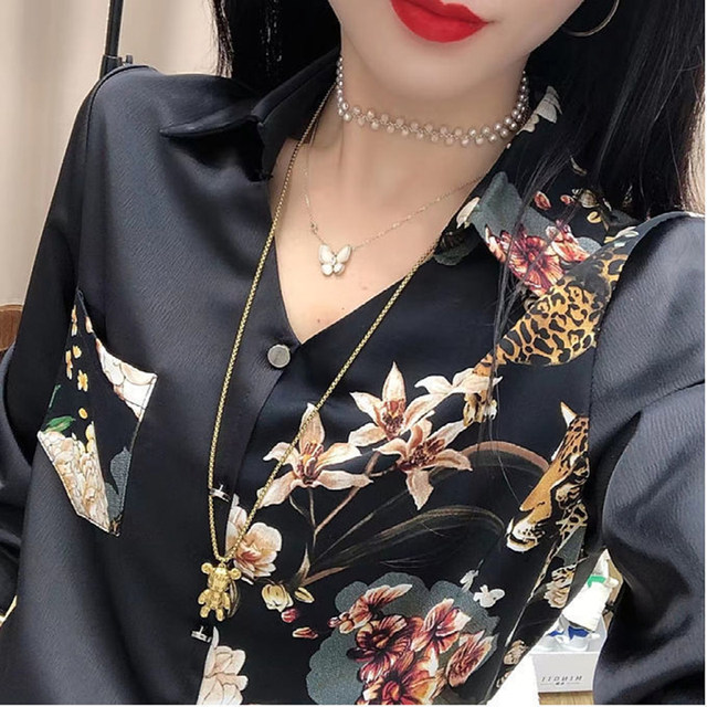 Shirt women's design niche print high-end silky drape top women's 2024 new shirt long-sleeved shirt