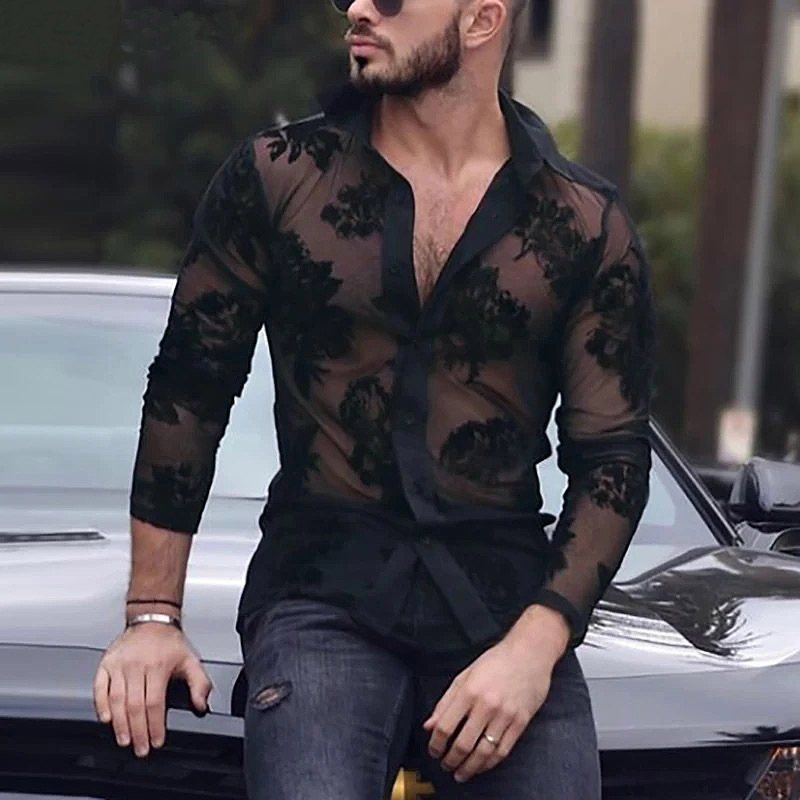 Leisure Shirt Cross-Border European and American Men's Breathable Lace Long-Sleeved Mesh Shirt Fashionable and Sexy Mesh Shirt