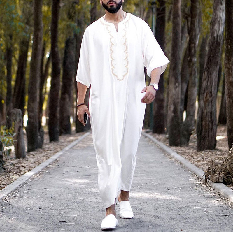 Male Robe2026 Spring and Autum New Men's Mid-Sleeve Loose Collarless Casual White Long Robe One-Piece Shirt