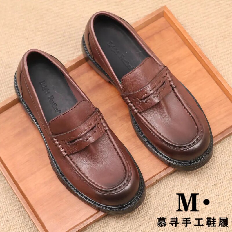 High-End Vintage Washed Horsehide Men's Penny Loafers with a Large Toe, Casual Commuting Shoes with Raised Toe and Thick Soles, Handmade High-End Vintage Washed Horsehide Men's Penny Loafers with a Large Toe, Casual Commuting Shoes with Raised Toe and Thick Soles, Handmade