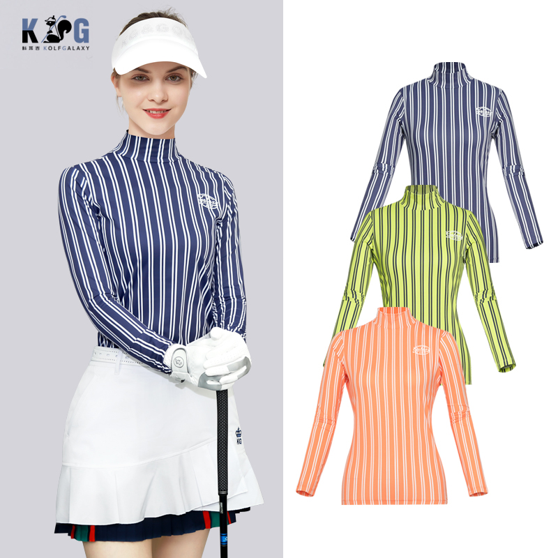 Bottom shirt striped high collar lined with high elastic blue slim fit golf quick-drying spring and autumn yellow ladies long-sleeved t-shirt