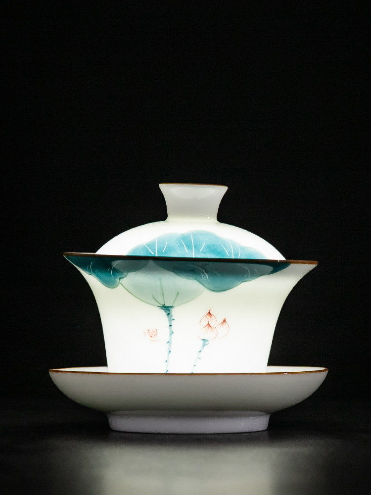 Ceramic handmade hand-painted util tea lid bowl tea cup single not bronzed upscale white porcelain white tea tea tea 3-only tea bowl-Taobao