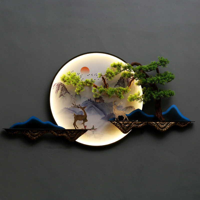 New Chinese Greeting Guest Pine Wall Decoration Tea Room Genguan Living Room Sofa Background Wall Decoration Painting Round Iron Art Pendant-Taobao