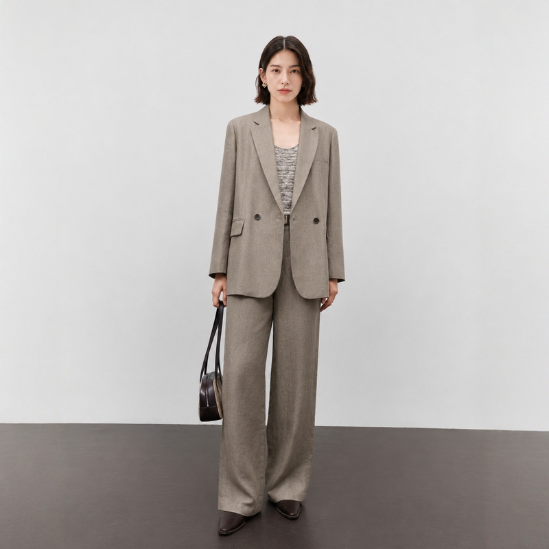 Mm Maimai Elegant Style Linen Blazer for Women Autumn Coffee Color Straight-Cut Work Suit 5H8110991