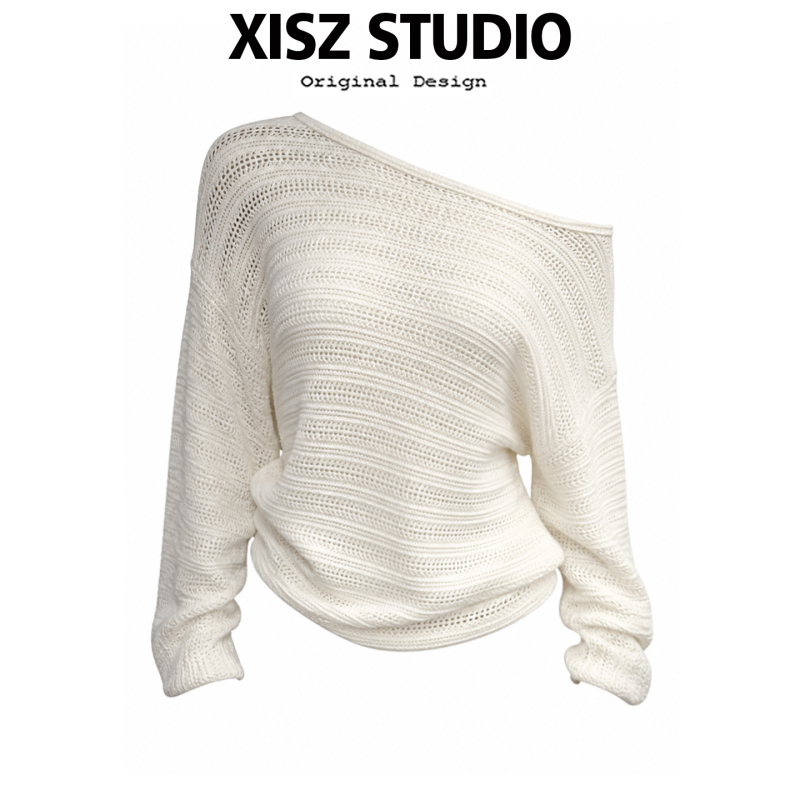 Korean-Style Relaxed Three-Dimensional Hollow-Out Knit Off-Shoulder Sweater for Women, Autumn Loose Batwing Sleeve Pullover Versatile Sweater