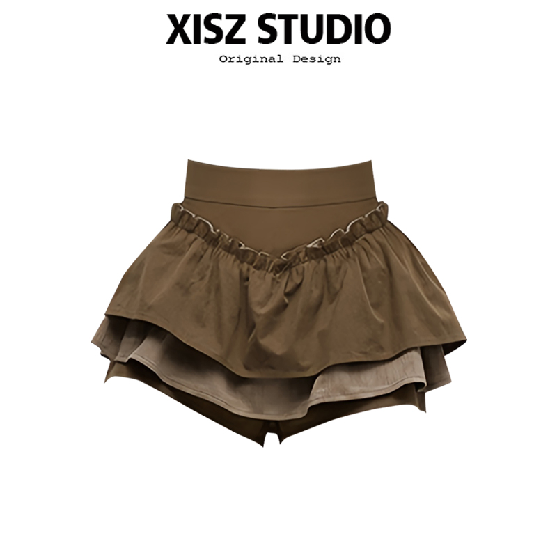 春と夏の女性のためのアメリカのレトロな二重フリルハイウエストスリムスカート、小さくてファッショナブルな、万能なふくらんだスカートパンツ