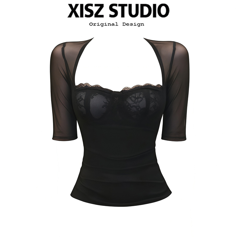 Retro Style Black Lace Mesh Mid-Sleeve T-Shirt for Women, New Autum Style, Versatile, Slim Fit, Elegant Sexy Top