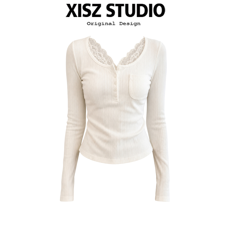 French-Style Lace Patchwork V-Neck Long-Sleeve Top for Women, New Autumn Off-White Versatile and Elegant Knitwear